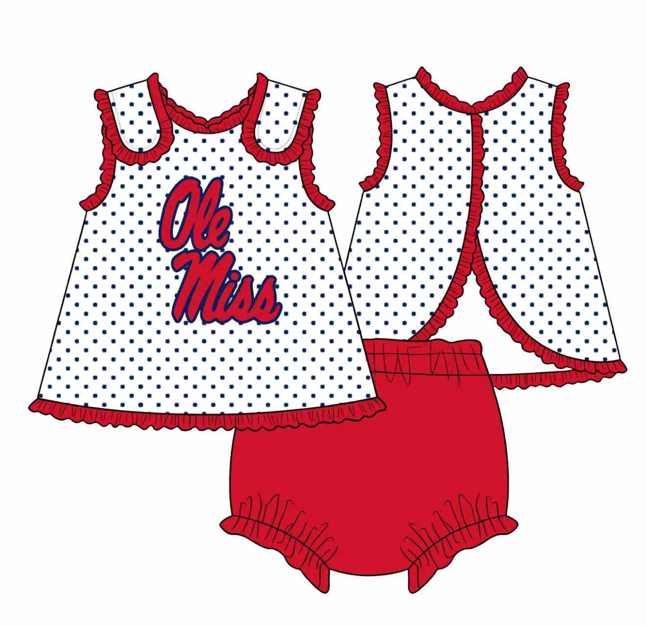 (Custom Design Preorder MOQ 5) Kids Girls Teams Navy Polka Dot Sleeveless Tunic Bummie Set