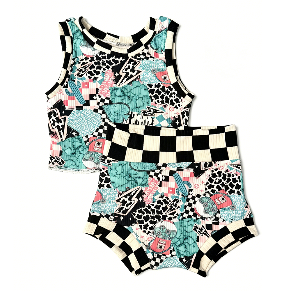 (Custom Design Preorder MOQ 5 ) Turquoise Plaid Baby Girls Summer Ribbed Bummie Set