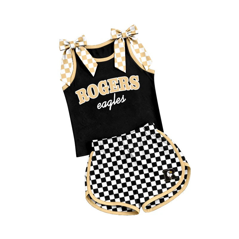 Preorder (moq 5) Baby Girls Rogeers Sleeveless Top With Black Checked Short Team Clothes Sets