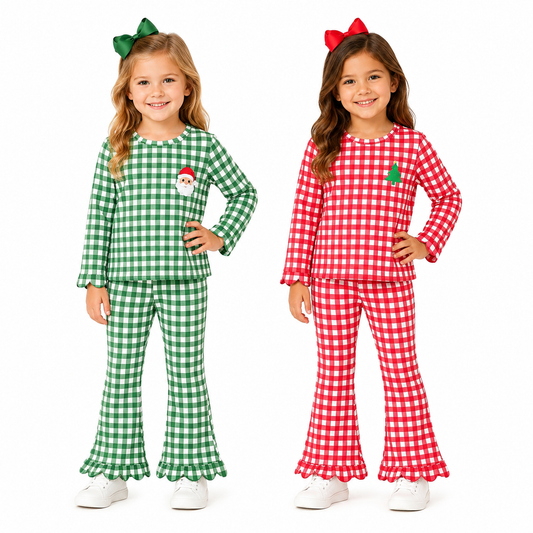 Sibling Kids Girls Red Blue Gingham Embroidery Santa Tree Turkey Scallop Christmas Outfit
