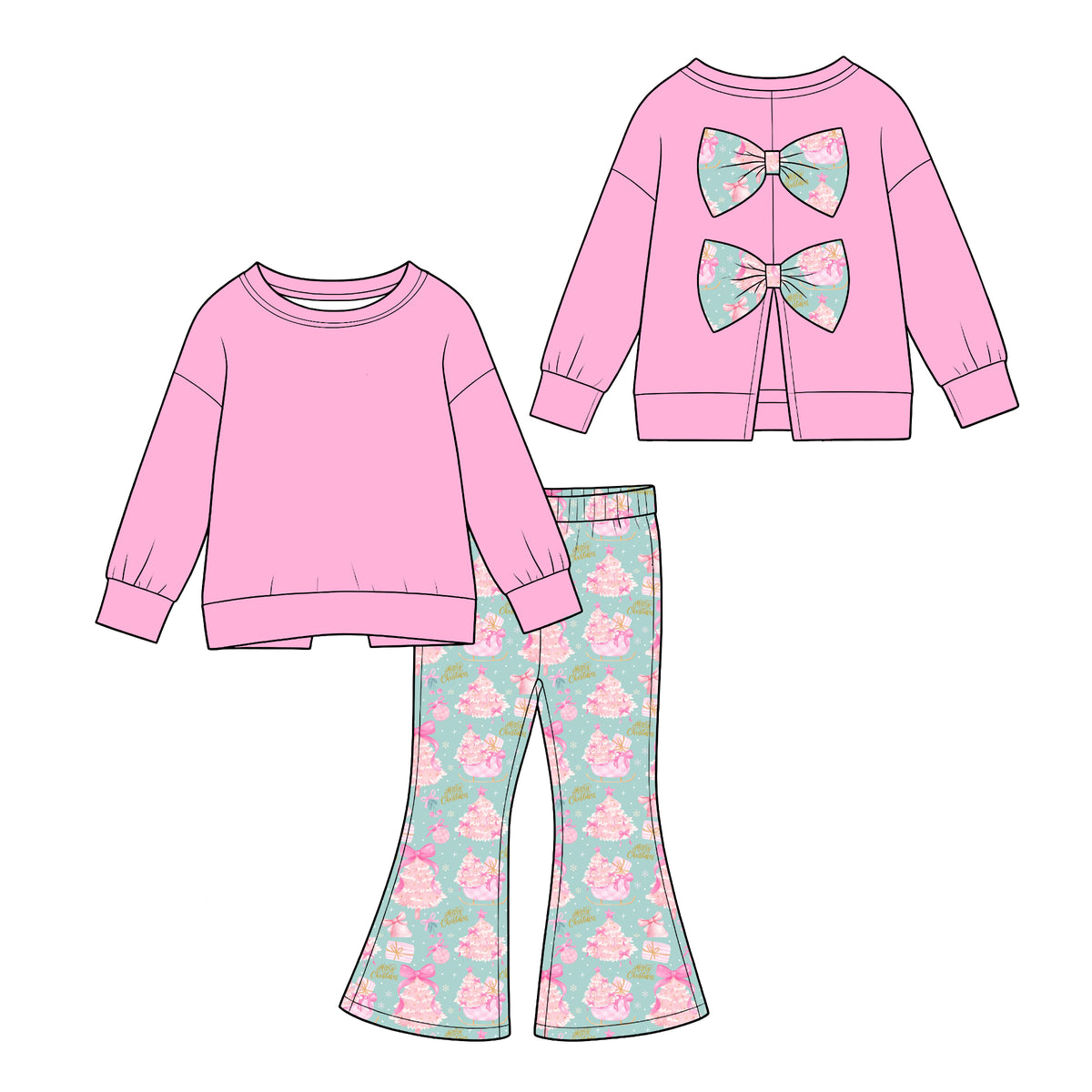 (Custom Design Preorder MOQ 5) Pink Backless Bows Top Tree Bows Bell Pants Girls Christmas Clothes Set