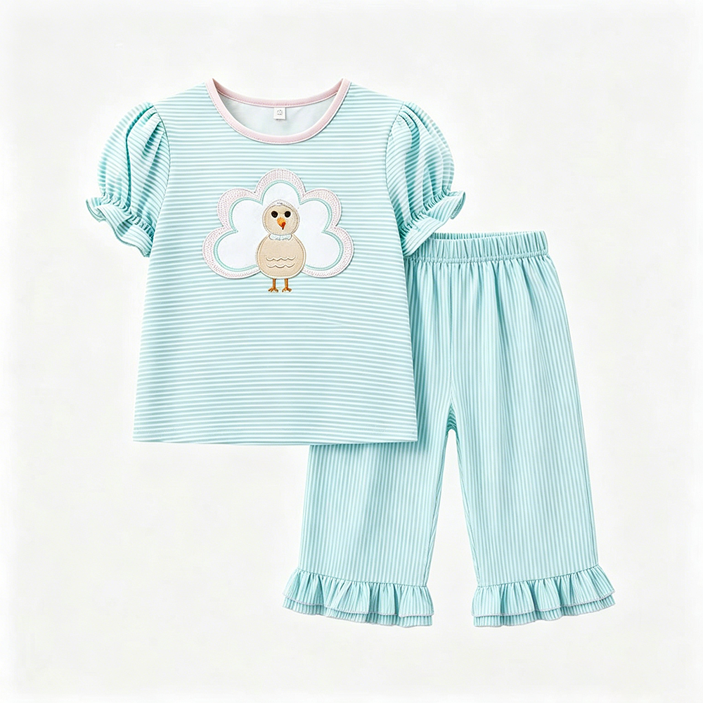 (Custom Design Preorder MOQ 5) Turkey Blue Stripes Top Ruffle Pants Girls Thanksgiving Clothes Set
