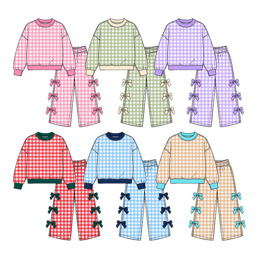 (Custom Design Preorder MOQ 5 Each) Checkered Print Long Sleeve Top Wide Leg Pants with Side Bows Girls Clothes Set Sisters Wear