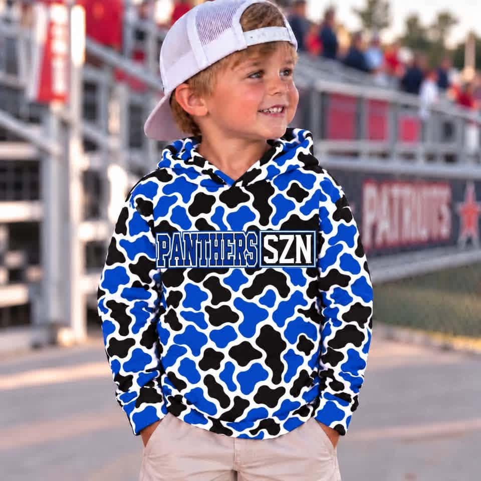 (Custom Design Preorder MOQ 5) Panthers Szn Sport Team Blue Black Camo Print Boys Hoodie Top