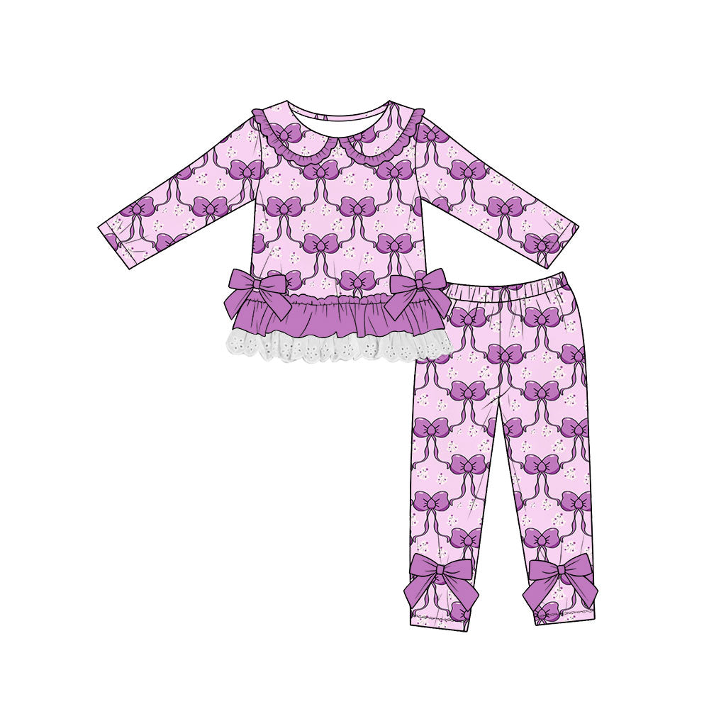 (Custom Design Preorder MOQ 5) Ghost Bows Purple Ruffle Top Legging Pants Girls Halloween Clothes Set