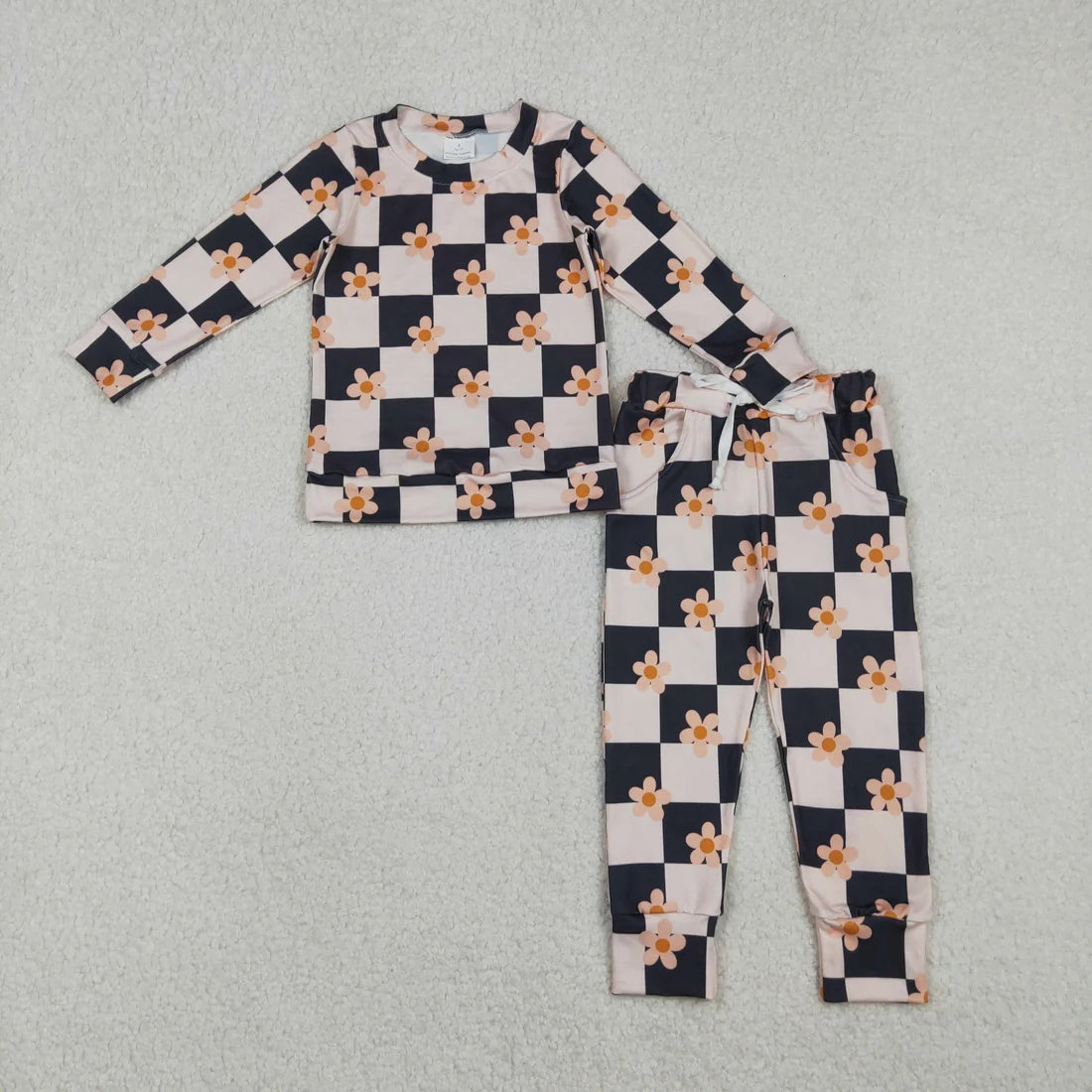 Baby Girls Pink Black Checked Flowers Top Pockets Jogger Pants Clothes Set