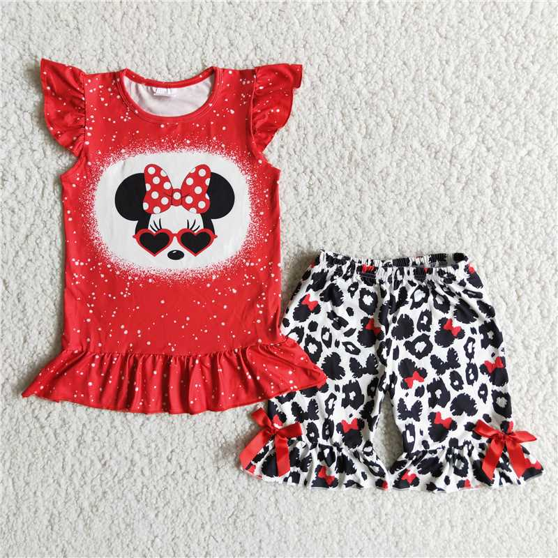 (Promotion)cartoon mouse red top ruffles shorts summer outfits D7-29