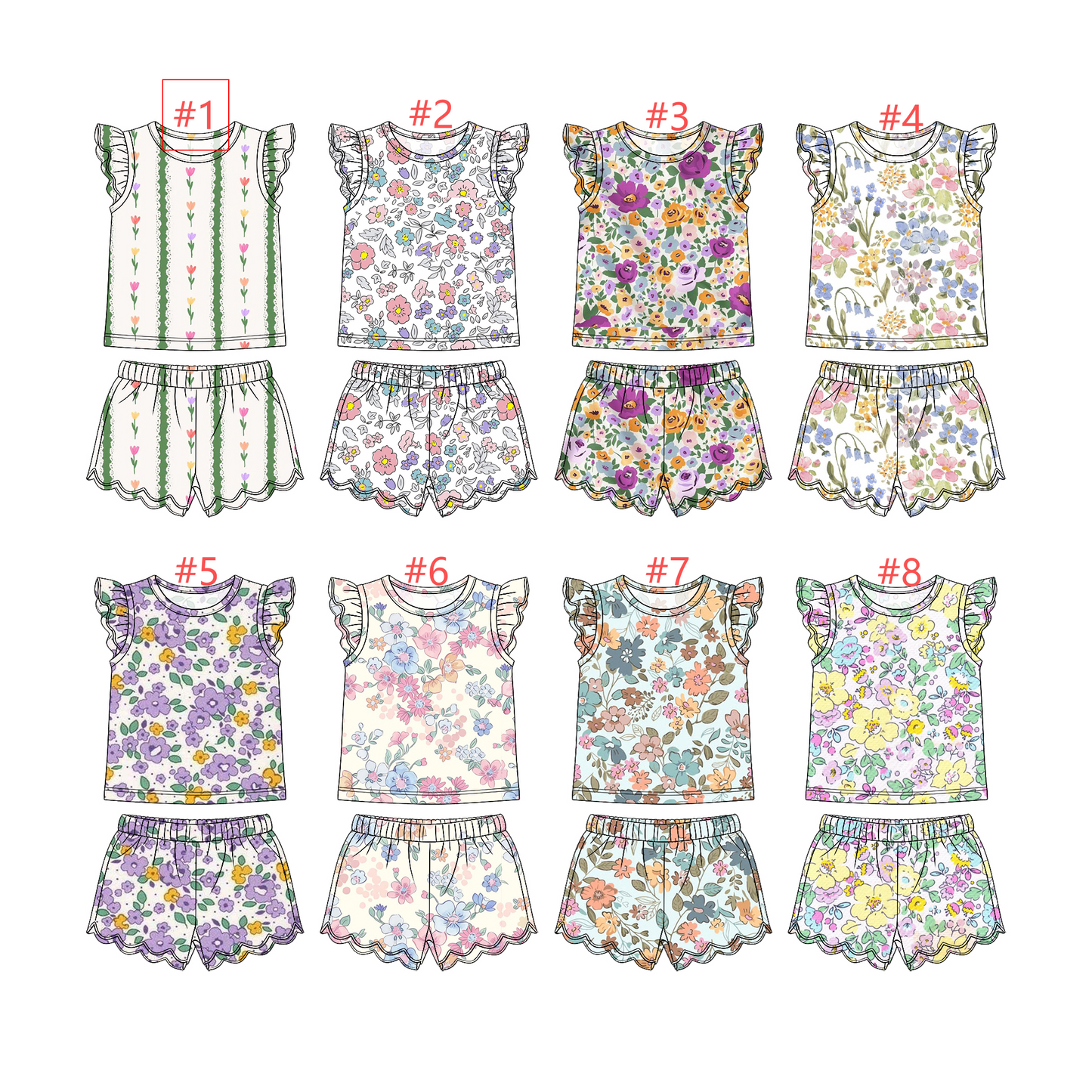 3.31(Custom Design Preorder MOQ 30 Each Item) Colorful Flowers Top Scallop Shorts Girls Summer Outfits Sister Wear