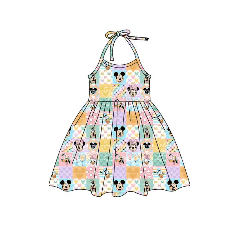 (Custom Design Preorder MOQ 5) Colorful Plaid Cartoon Mouse Print Girls Summer Halter Dress