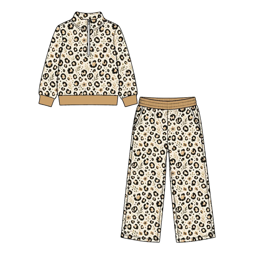 Preorder (MOQ 5 ) Kids Girls Floral Leopard Pullover Top Long Sleeve Top Pants Outfit