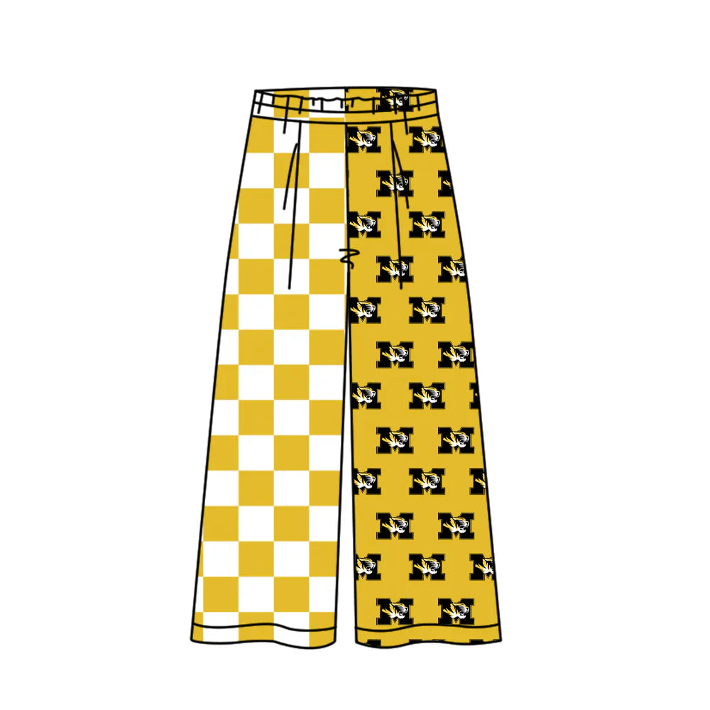 (Custom Design Preorder MOQ 5) Adult Women Yellow Checked M Tigers Team Flare Pants Bottom
