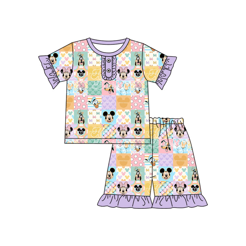 (Custom Design Preorder MOQ 5) Colorful Plaid Cartoon Mouse Print Girls Summer Ruffle Outfits
