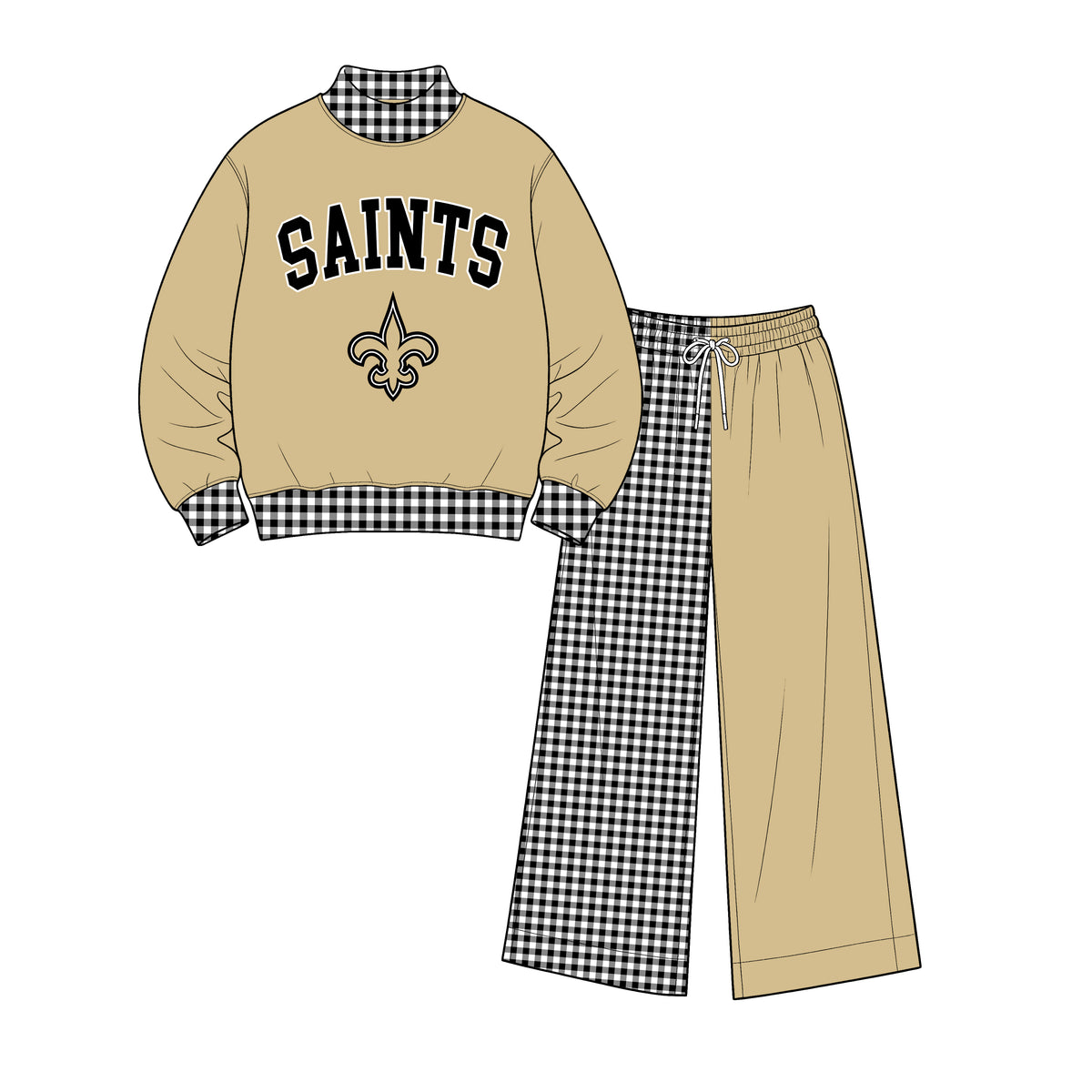 (Custom Design Preorder MOQ 5) Saints Mock Neck Top with Patch Wide Leg Sport Team Set