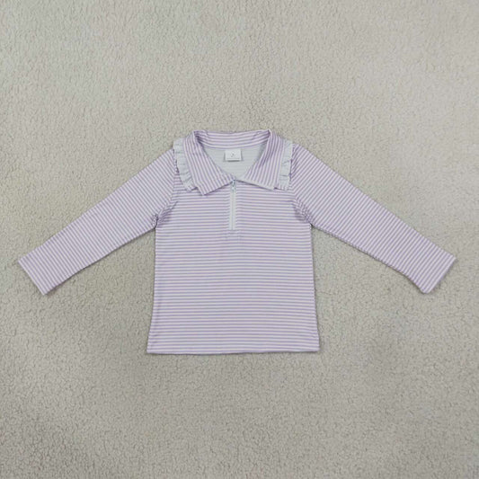 GT1758 Purple Striped Girls Long Sleeve Zipper Pullover Top