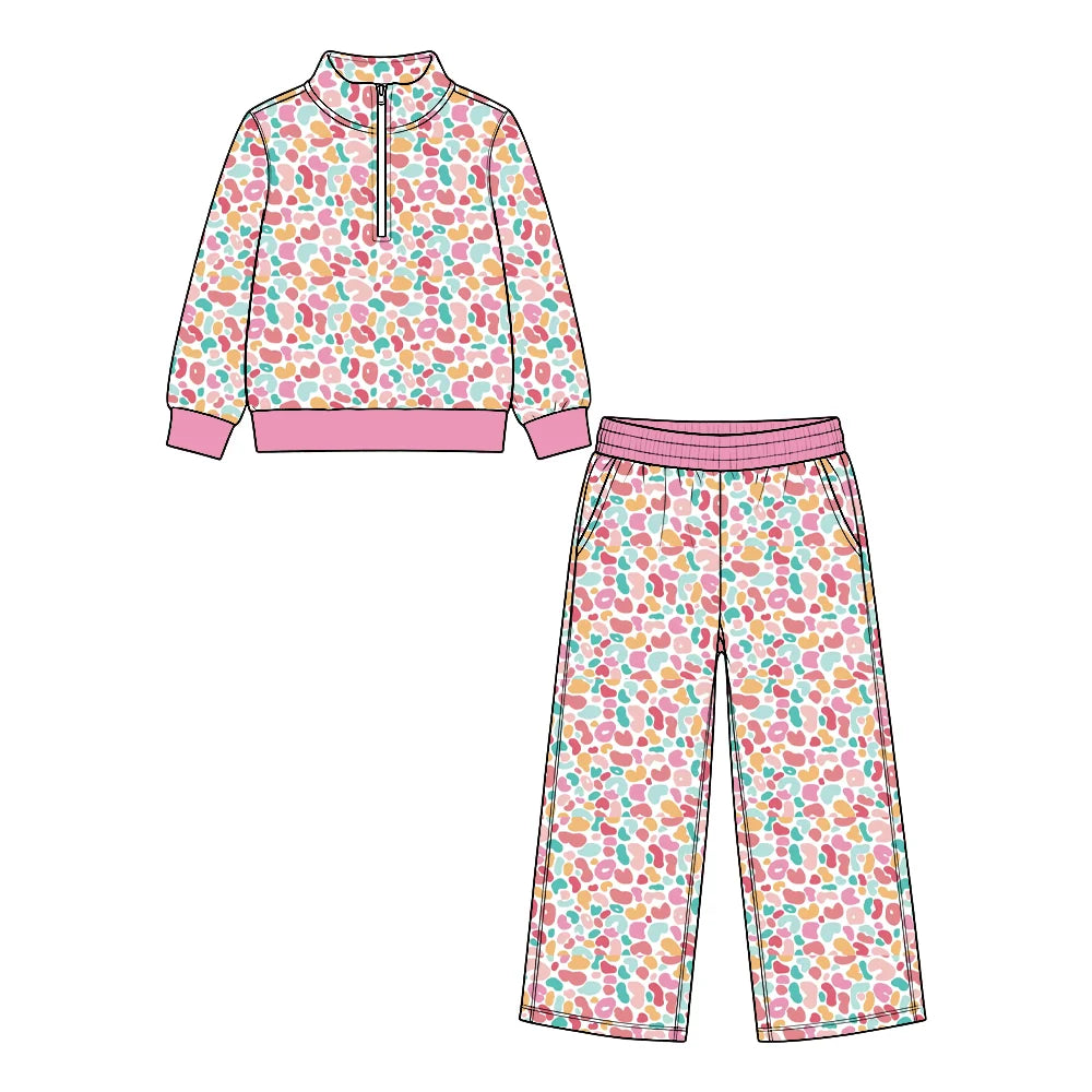 Preorder (MOQ 5 ) Kids Girls Flowers Leopard Pullover Top Long Sleeve Top Pants Sport Team Outfit