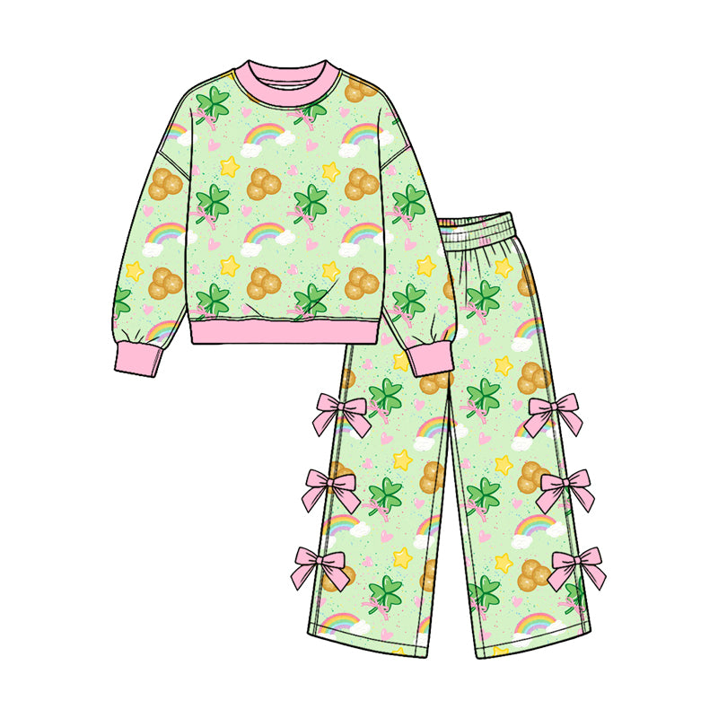 (Custom Design Preorder MOQ 5 Each) Rainbow Bows Print Long Sleeve Top Wide Leg Pants with Side Bows Girls St Patrick Day Clothes Set Sisters Wear