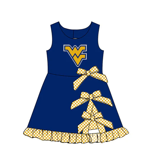 (Custom Preorder MOQ 5) Baby Girls Sleeveless Navy WV Bows Ruffle Team Knee Length Dresses