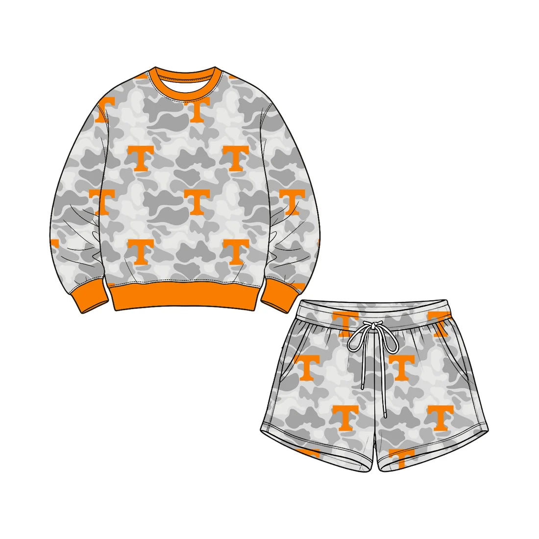 Preorder( 5 MOQ) Baby Girls Sport Team Tennessee Camo Long Sleeve Top Shorts Outfit