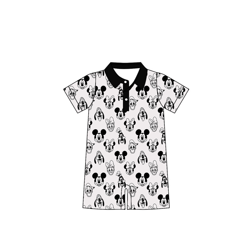 (Custom Design Preorder MOQ 5 ) Cartoon Mouse Print Infant Polo Romper - Short Sleeve Baby Playsuit with Snap Closure