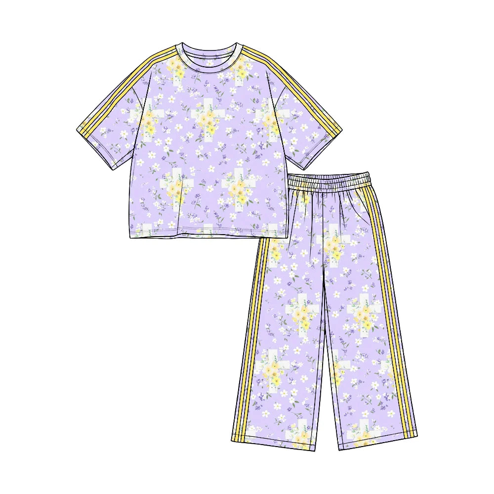 (Custom Design Preorder MOQ 5) Small Flowers Cross Print Straight Pockets Pants Girls Easter Clothes Set
