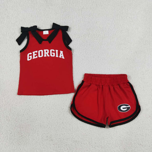 GSSO3834 Teams Georgis Vinyl Bows Purple Vest Top Pockets Shorts Girls Cotton Clothes Set