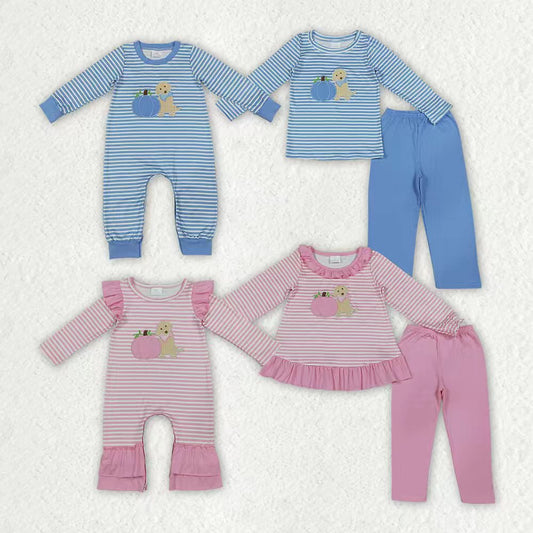 Sibling Baby Girls Boys Embroidery Pumpkin Puppy Striped Outfit and Romper