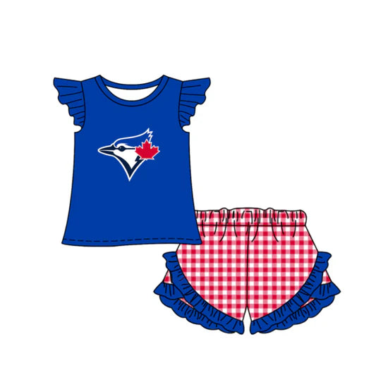 (Custom Preorder MOQ 5) Baby Girls Toronto Blue Jays Top Checked Ruffle Short Team Outfit