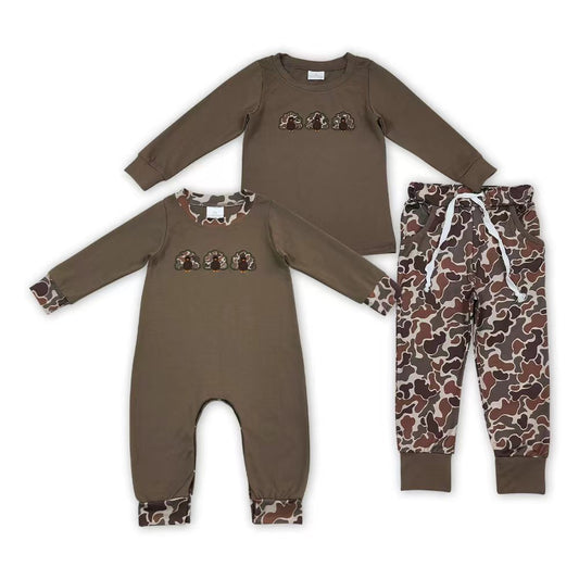 Sibling Baby Boys Embroidery Turkey Camo Pants Outfit and Romper