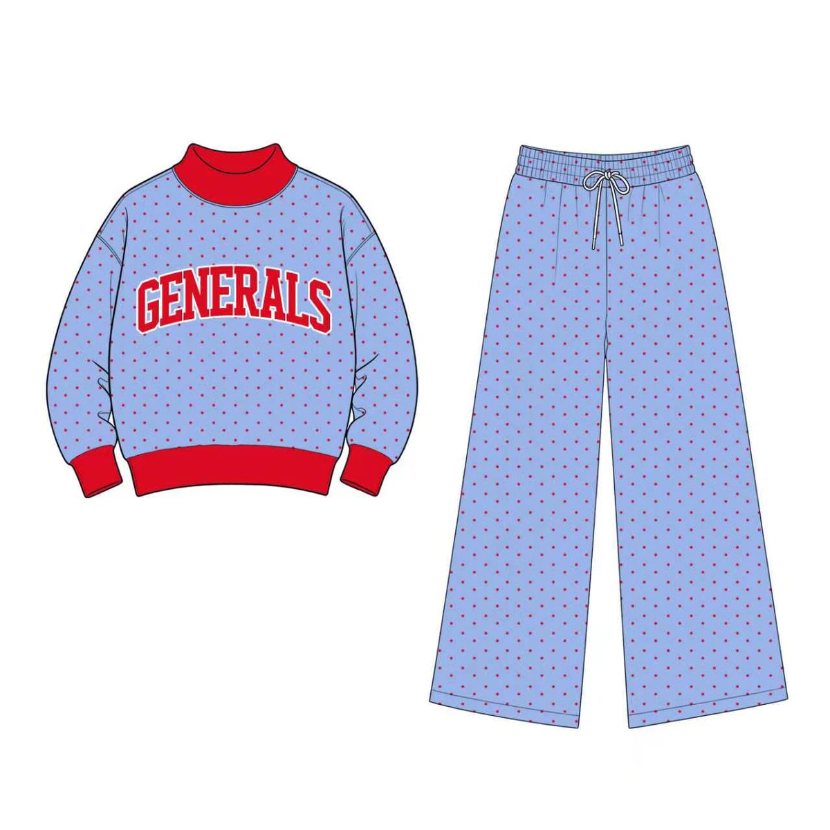 (Custom Preorder MOQ 5) Teams Generals Polka Dot Mock Necks Top Pockets Pants Girls Clothes Set(副本)