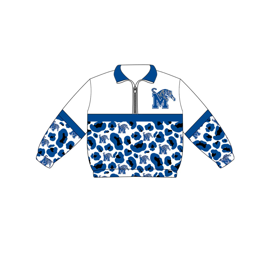 (Custom Preorder MOQ 5) Baby Boys Long Sleeve Blue Leopard M Tigers Team Zip Pullovers Tops