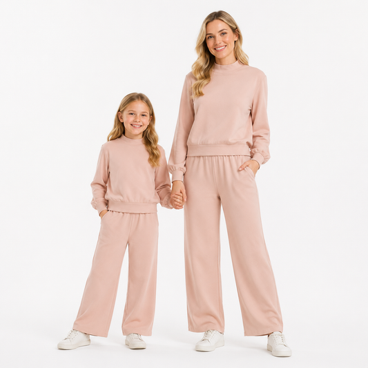 Mommy and Me Peach Pink Solid Color Cotton Long Sleeve Top Pants Outfit