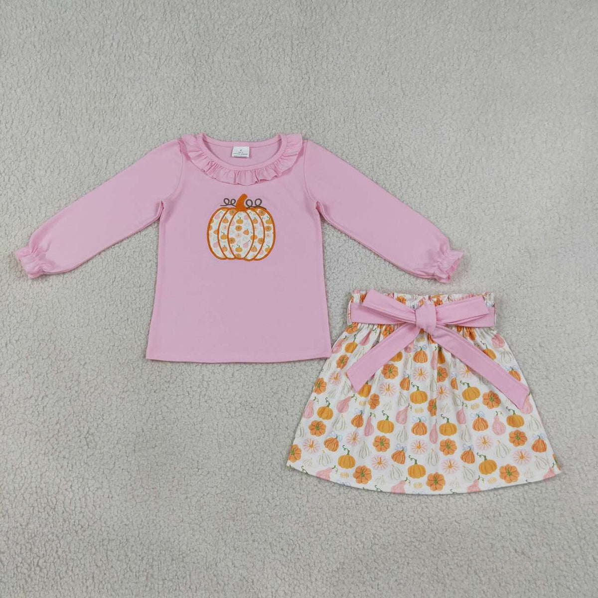 GLD1641 Pumpkin Embroidery Pink Top Skirts Girls Fall Clothes Set
