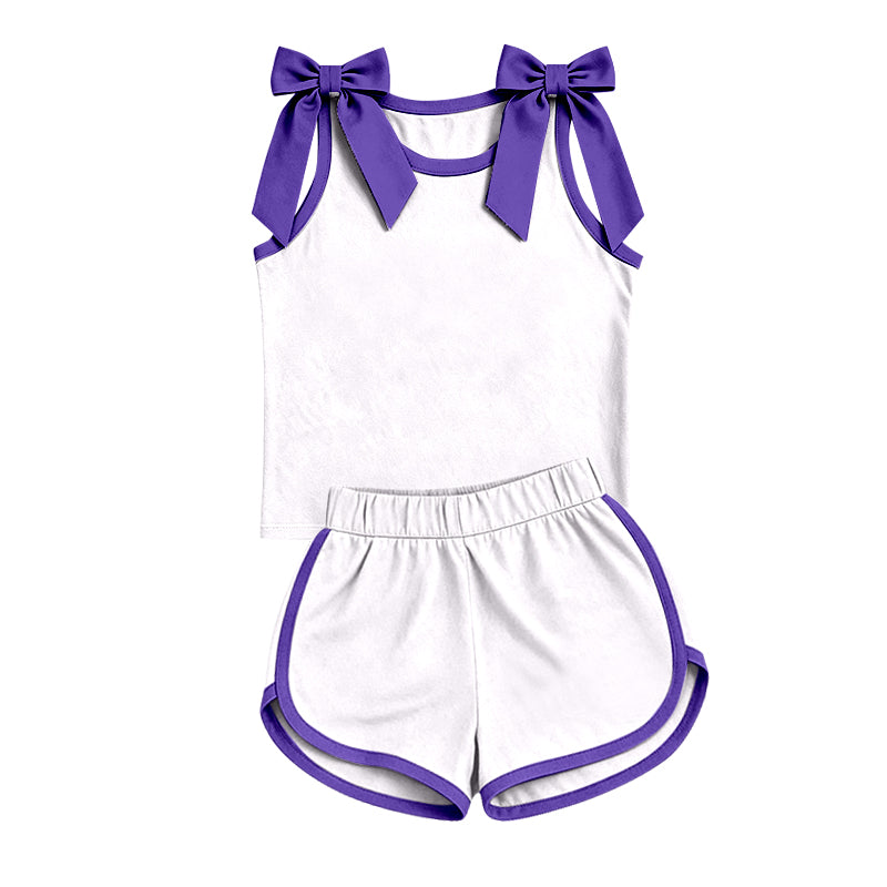 (Custom Design Preorder MOQ 5) Teams Purple Bows White Vest Top Shorts Mommy and Me Summer Cotton Clothes Set