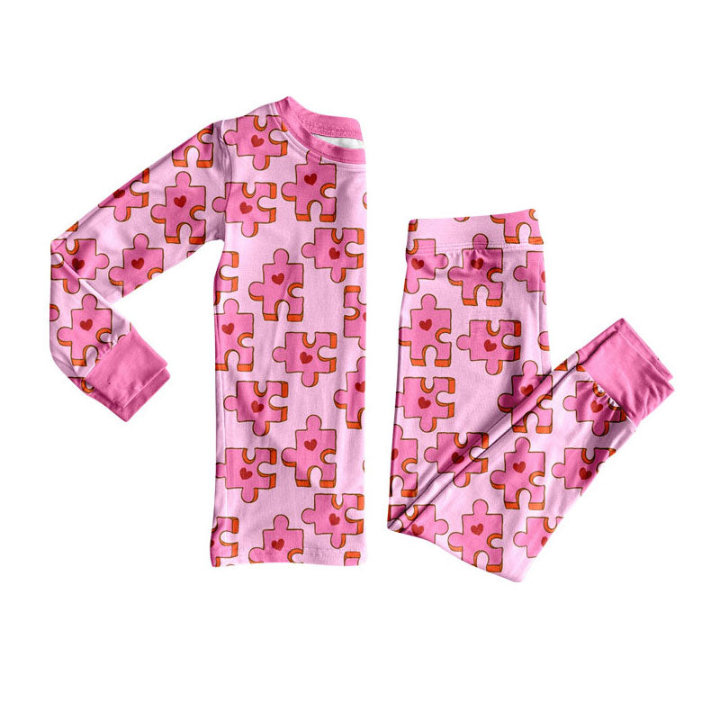 (Custom Design Preorder MOQ 5) Pink Puzzle Heart Print Girls Valentine's Day Pajamas Clothes Set