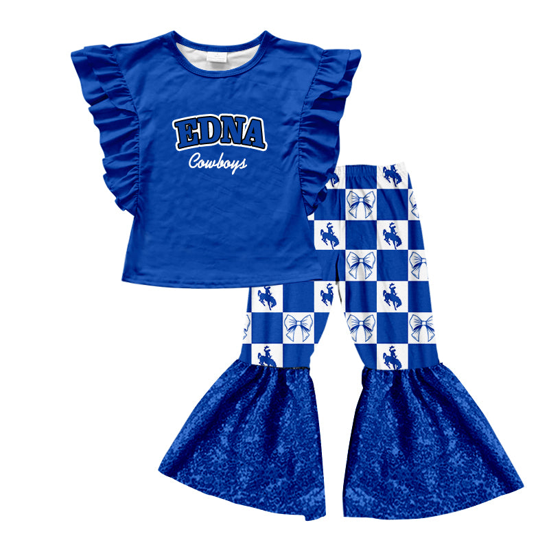 (Custom Design Preorder MOQ 5) Teams Edna Cowboys Blue Top Sequin Bell Pants Girls Clothes Set