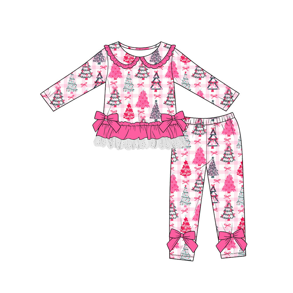 (Custom Design Preorder MOQ 5) Tree Bows Checkerd Pink Ruffle Top Legging Pants Girls Christmas Clothes Set