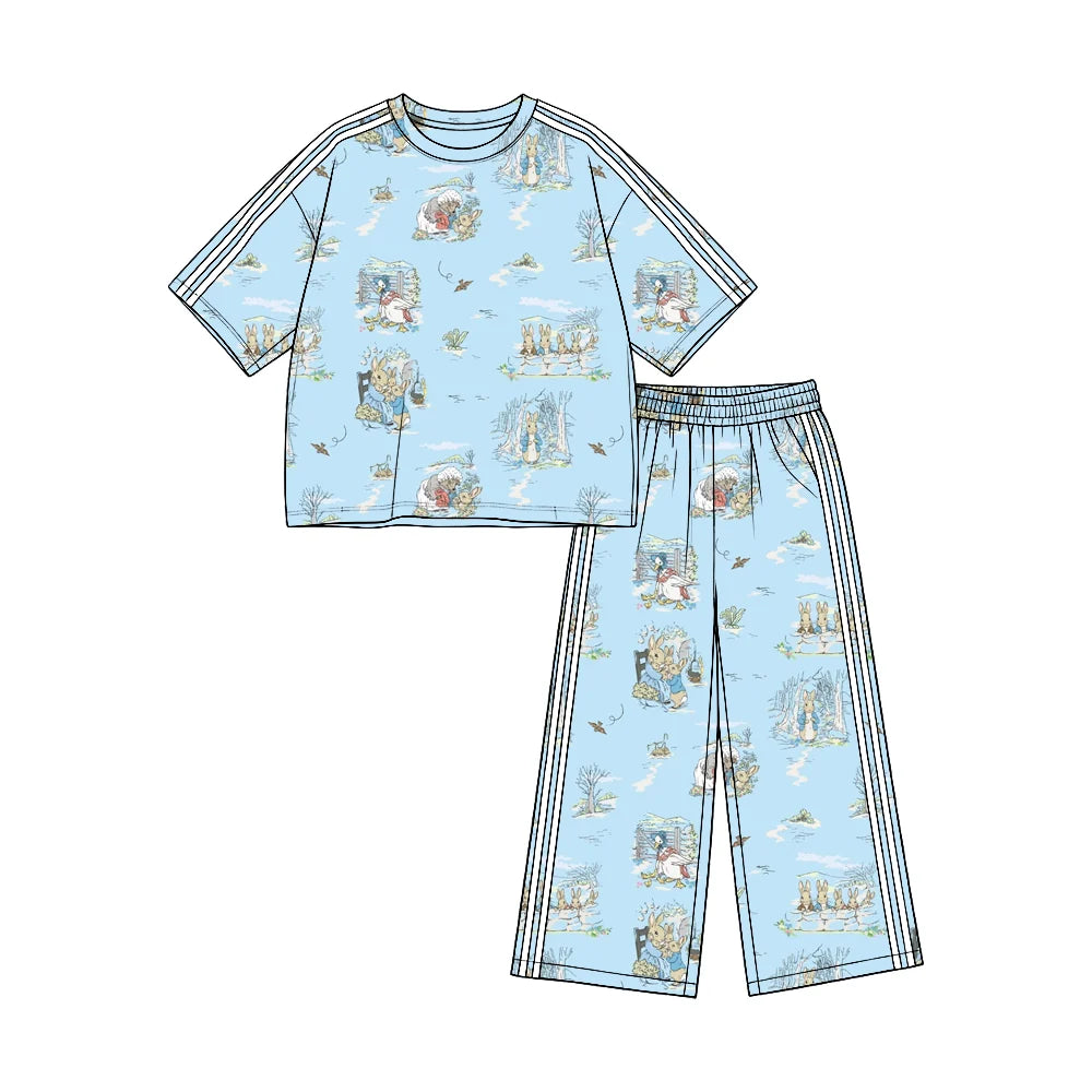 (Custom Design Preorder MOQ 5) Cartoon Bunny Blue Print Straight Pockets Pants Girls Easter Clothes Set