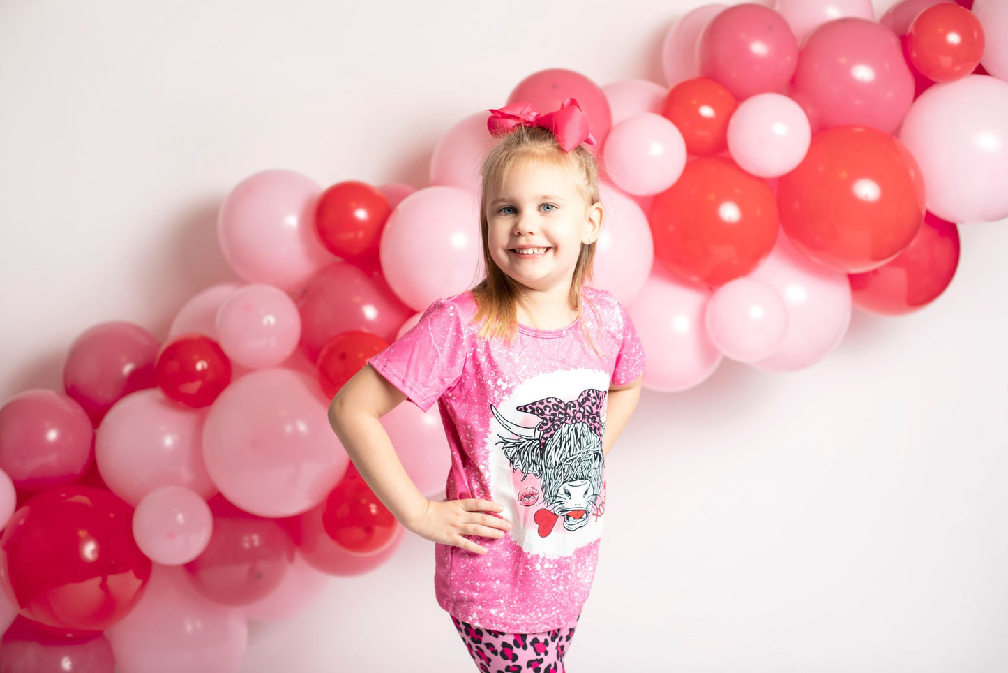 Girls highland cow print pink leopard bell pants Valentine's Day outfit GSPO0334