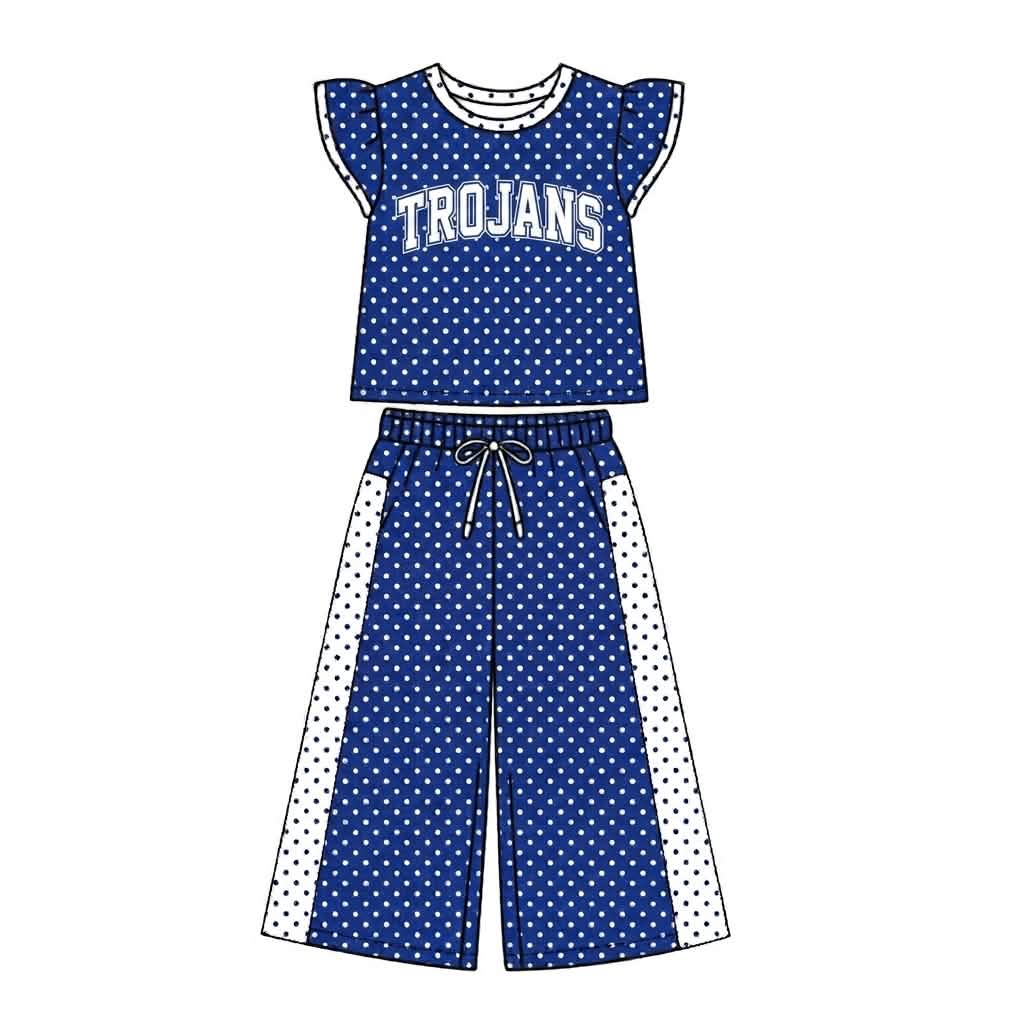(Custom Design Preorder MOQ 5) Teams TROJANS Top Dots Straight Pants Girls Clothes Set