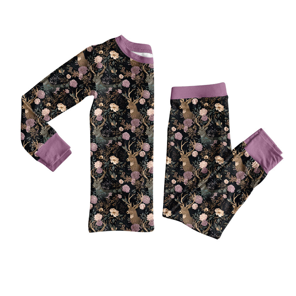 (Custom Design Preorder MOQ 5) Deer Flowers Print Girls Fall Pajamas Clothes Set