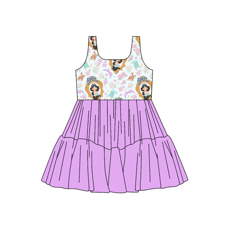 (Custom Design Preorder MOQ 5) Cartoon Princess Flowers Girls Sleeveless Tulle Dress