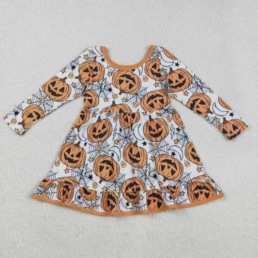 Sibling Baby Girls Orange Pumpkins Halloween Pajamas Sets Rompers Knee Length Dresses