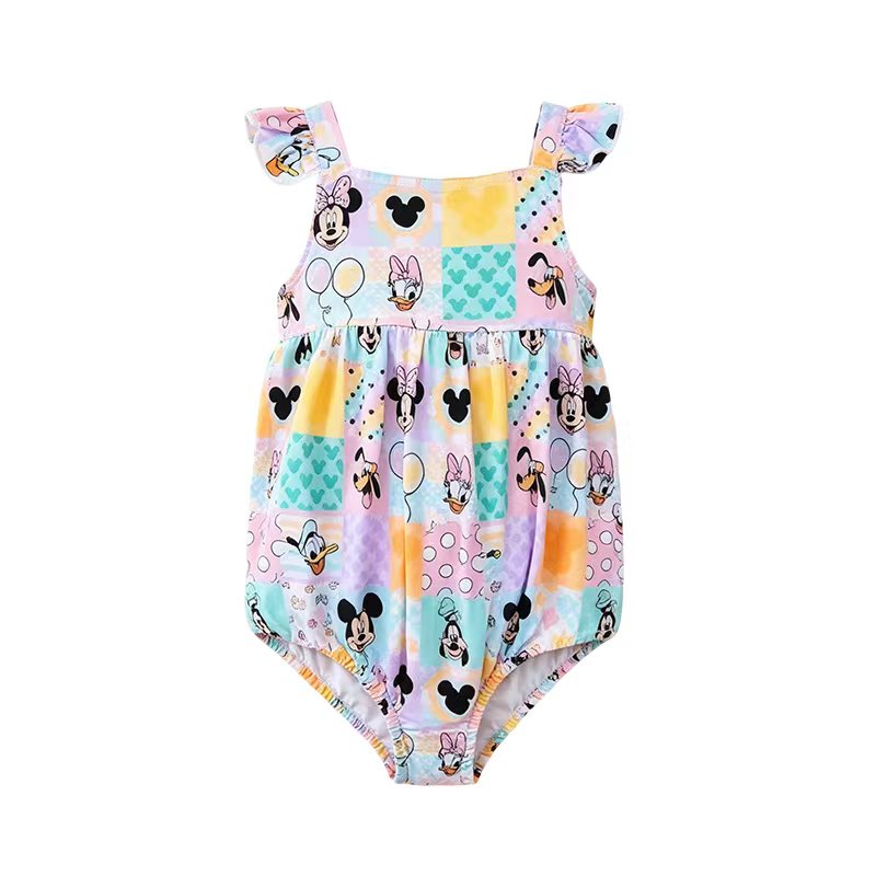 (Custom Design Preorder MOQ 5 ) Colorful Plaid Cartoon Mouse Print Baby Girls Summer Romper