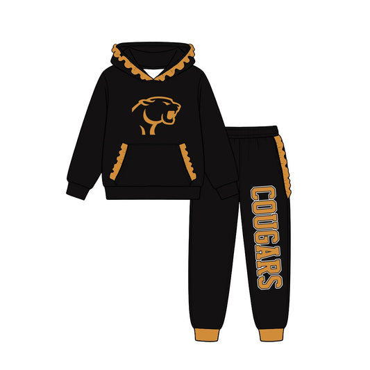 (Custom Design Preorder MOQ 5) Teams Rosebud Lott Cougars Black Gold Ruffles Hoodie Top Pockets Joggers Pants Girls Yoga Clothes Set