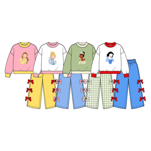 (Custom Design Preorder MOQ 5 Each) Cartoon Princess Print Girls Bows Clothes Set Sisters Wear
