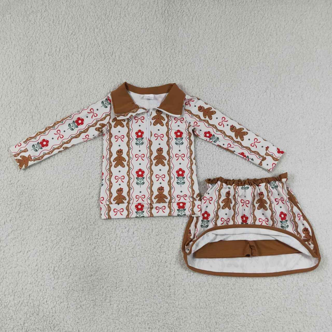 Girls Gingerbread Print Christmas Outfit - Half Zip Top & Skirt Set