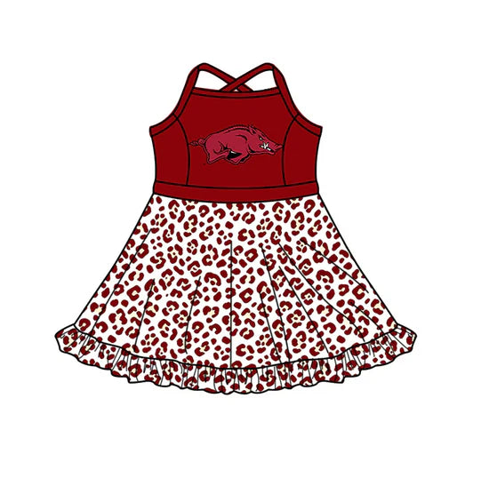 (Custom Preorder MOQ 5) Baby Girls Strap Leopard Arkansas Short Ruffle Team Knee Length Dress