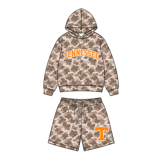(Custom Design Preorder MOQ 5 Each)Teams Logo Brown Camo Hoodie Top Pockets Shorts Boys Clothes Set Brothers Wear