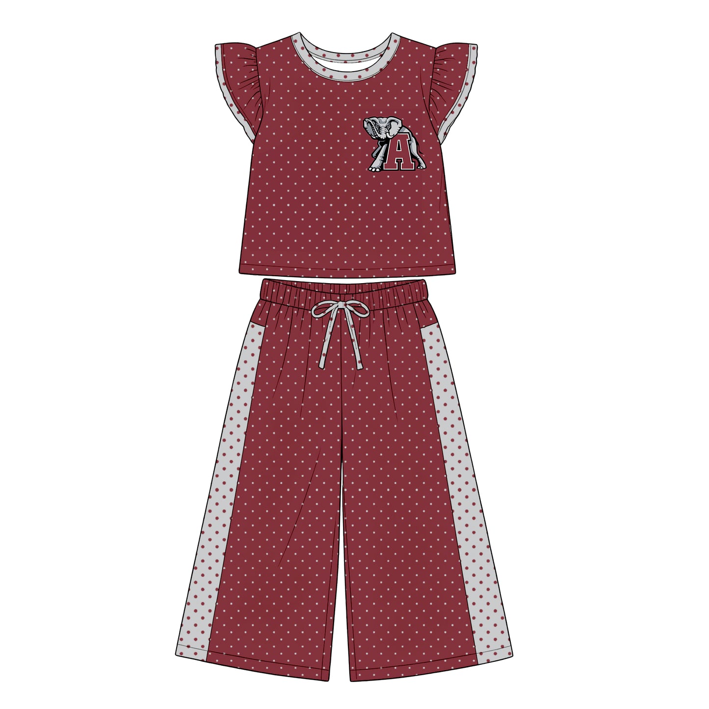 (Custom Design Preorder MOQ 5) Teams Alabama Polka Dot Ruffle Sleeve Top with Wide Pants Outfit