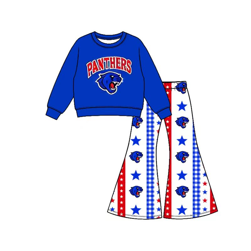 Preorder( 5 MOQ) Baby Girls Panthers Top Bell Bottom Pants Outfit